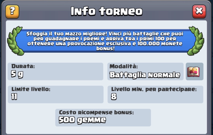 clash royale info torneo globale